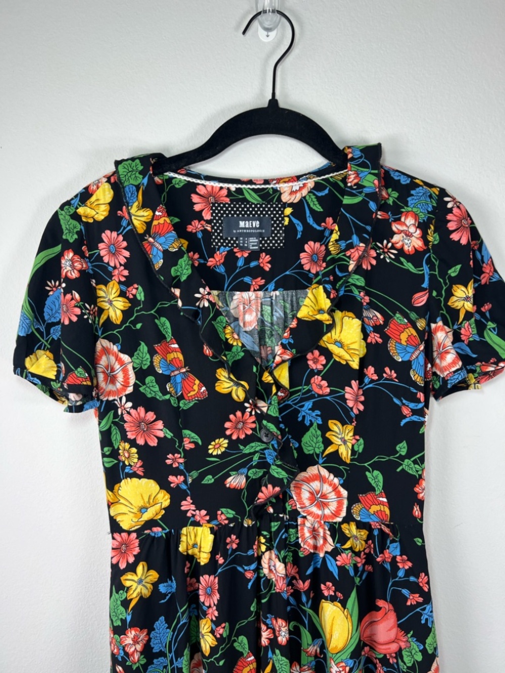 Anthropologie Maeve Bloedel Floral Dress Black Short Sleeves V-Neck Pockets Sz 0 - Picture 3 of 16